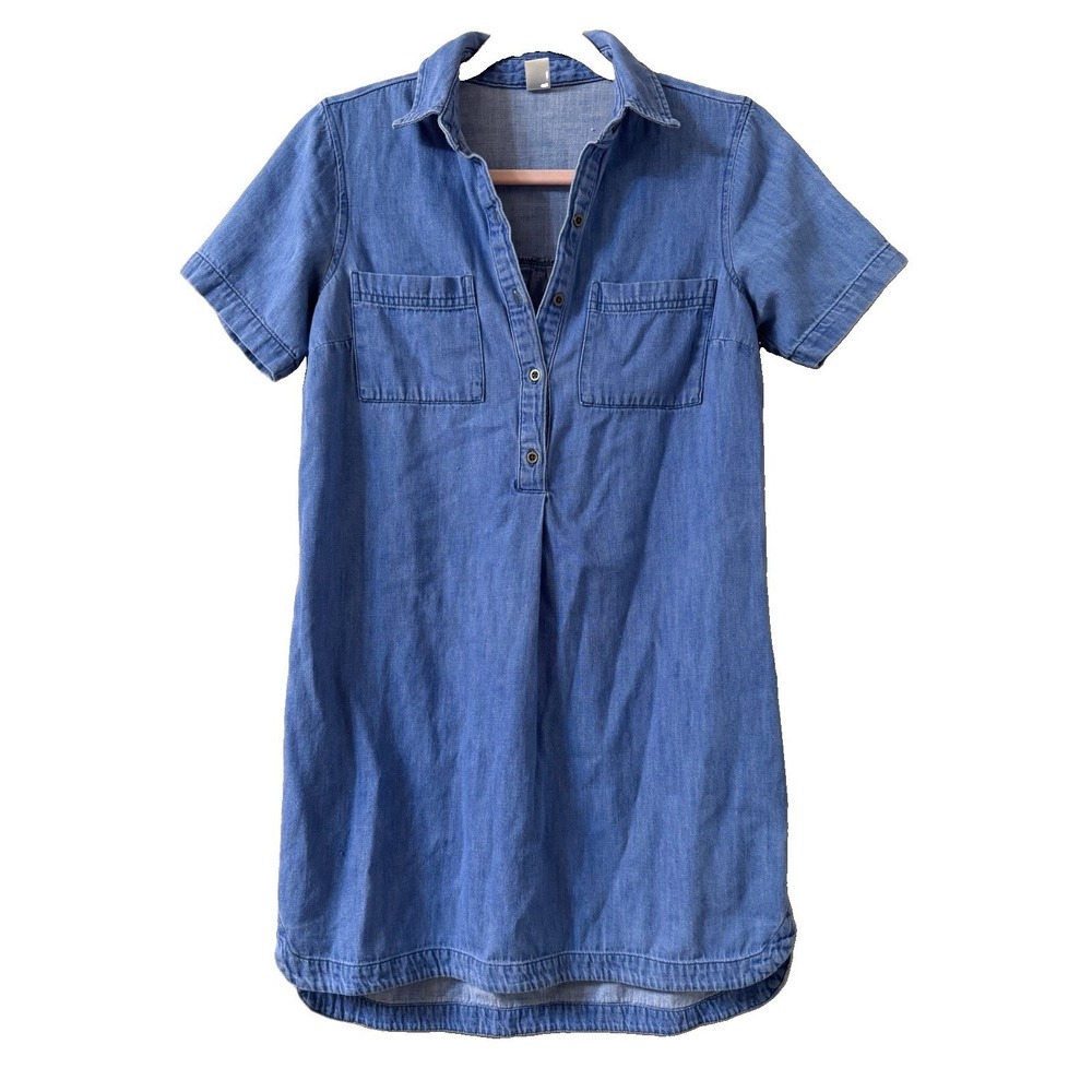 Old Navy XS Blue Denim Chambray Shirt Dress Short Sleeve Knee Length Pockets